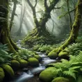 A dense, ancient forest with towering, moss-covered trees, a carpet of ferns, and a hidden, crystal-clear stream winding through the undergrowth.