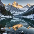 A serene alpine lake reflecting the towering, snow-capped peaks of the surrounding mountains, with a gentle mist hovering over the water's surface.