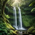 A cascading waterfall surrounded by lush, emerald-green rainforest, with sunlight filtering through the dense canopy, casting dappled shadows on the moss-covered rocks below.