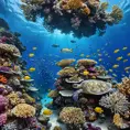 A vibrant, colorful coral reef teeming with marine life, including schools of fish, sea turtles, and vibrant anemones, all set against the deep blue ocean.