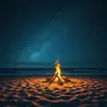Beneath a sky filled with twinkling stars, a bonfire crackles on a secluded beach, waves gently lapping at the shore. (Night sky, campfire, ocean, serene)