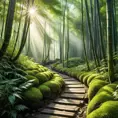 Deep within a bamboo forest, sunlight filters through the leaves, illuminating a moss-covered path. (Zen, meditation, green, ethereal)