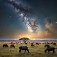 A vast, open savanna under a vast, star-filled sky, with herds of grazing animals silhouetted against the horizon, and the Milky Way stretching across the heavens.