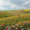 A rolling meadow carpeted with a patchwork of wildflowers in every hue imaginable, with a gentle breeze causing the field to ripple like a living tapestry.