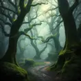 A mystical forest bathed in mist, ancient trees adorned with glowing moss, a path winding its way through the ethereal landscape, dappled sunlight, magical realism