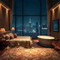 A luxurious bedroom with a king-size bed draped in silk sheets, a plush rug, and a large, freestanding bathtub with a view of a sparkling city at night. The room is bathed in soft, warm lighting.