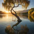 A lone swing hangs from a gnarled willow tree beside a shimmering lake, the setting sun casting golden rays across the water. (Tranquil, serene, peaceful, calming)