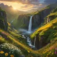 A hidden valley bathed in the golden light of dawn, waterfalls cascading down moss-covered cliffs, a blanket of vibrant wildflowers in the foreground, hyperrealistic, 8k