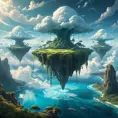 A surreal, otherworldly landscape, with floating islands suspended in a sky filled with swirling clouds. Strange, bioluminescent plants illuminate the scene with an ethereal glow.