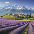 Rolling hills blanketed in lavender fields stretching towards a picturesque village nestled at the foot of snow-capped mountains, soft light, painterly style, calming atmosphere