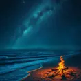 Beneath a sky filled with twinkling stars, a bonfire crackles on a secluded beach, waves gently lapping at the shore. (Night sky, campfire, ocean, serene)