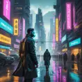 A towering, neon-drenched cyberpunk city, with holographic billboards advertising illicit services and flying vehicles weaving through the smog-filled sky. In the foreground, a lone figure in a trench coat walks down a rain-slicked street, their face obscured by a glowing cybernetic mask.