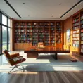A spacious, open-plan office with a large, floating desk made of polished wood, a comfortable leather armchair, and a wall of bookshelves filled with colorful books. A large window provides natural light and a view of a city park.