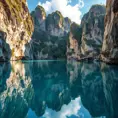 A hidden, crystal-clear lagoon surrounded by towering limestone cliffs, with the water so still it mirrors the sky above, creating a perfect, otherworldly reflection.