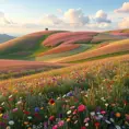 A rolling meadow carpeted with a patchwork of wildflowers in every hue imaginable, with a gentle breeze causing the field to ripple like a living tapestry.