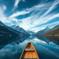 A serene lake nestled within a ring of snow-capped mountains, reflecting the azure sky and wispy clouds. A wooden canoe glides across the glassy surface, leaving a gentle ripple in its wake.