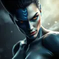 Mystique shifting into form, blue scales transforming into smooth skin, piercing yellow eyes, a hint of mischief, dynamic pose, dramatic lighting, photorealistic