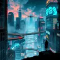 Cyberpunk cityscape, intricate network of neon-lit sky bridges connecting towering chrome skyscrapers, holographic advertisements projecting onto the clouds, flying cars zipping through the air, a lone figure silhouetted against the shimmering lights.