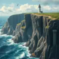 A rugged coastline with towering cliffs carved by the relentless ocean waves, where seabirds soar overhead and a lighthouse stands as a beacon of hope.
