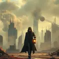 A cyberpunk dystopia, a desolate wasteland dotted with crumbling skyscrapers, the air thick with smog and radiation, a lone figure walks through the wasteland, their face obscured by a mask, carrying a flickering lantern.