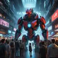 A bustling cyberpunk market, overflowing with vendors selling strange gadgets and bio-engineered goods. In the background, a holographic projection of a monstrous cybernetic creature looms over the crowd, its eyes glowing red.