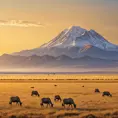 A panoramic view of a vast, golden savannah at dawn, with herds of wildlife grazing and a distant, snow-capped mountain range on the horizon.