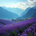 Rolling hills blanketed in lavender fields stretching towards a picturesque village nestled at the foot of snow-capped mountains, soft light, painterly style, calming atmosphere