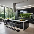 A futuristic kitchen with sleek, black cabinetry, stainless steel appliances, and a large island featuring a built-in induction cooktop and a breakfast bar with high-backed stools. A wall of windows overlooks a verdant garden.