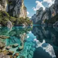 A hidden, crystal-clear lagoon surrounded by towering limestone cliffs, with the water so still it mirrors the sky above, creating a perfect, otherworldly reflection.