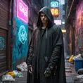 A decaying cyberpunk alleyway, graffiti-covered walls illuminated by flickering neon signs, a lone figure in a hooded cloak sifting through trash, the air thick with the smell of ozone and decay.