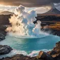 A bubbling geyser erupting in a dramatic display of steam and water, set against a backdrop of a rugged, volcanic landscape.