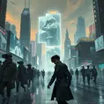 A cyberpunk cityscape, a giant holographic advertisement for a virtual reality game dominates the skyline, people wearing VR headsets walk down the street, their eyes glazed over, a lone figure in a trench coat walks past, a look of defiance on their face.