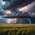A vast, open prairie under a dramatic thunderstorm, with lightning bolts illuminating the dark clouds and the tall grass swaying in the strong winds.