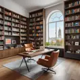 A spacious, open-plan office with a large, floating desk made of polished wood, a comfortable leather armchair, and a wall of bookshelves filled with colorful books. A large window provides natural light and a view of a city park.