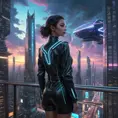 Cyberpunk cityscape, intricate network of neon-lit sky bridges connecting towering chrome skyscrapers, holographic advertisements projecting onto the clouds, flying cars zipping through the air, a lone figure silhouetted against the shimmering lights.