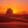 A vast, serene desert landscape at sunset, with towering sand dunes casting long shadows and a lone camel caravan silhouetted against the vibrant orange and purple sky.