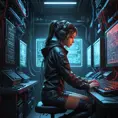 A cyberpunk hacker's lair, dimly lit room filled with blinking screens and wires, a lone figure hunched over a keyboard, their eyes glowing red as they navigate the digital underworld.