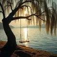 A lone swing hangs from a gnarled willow tree beside a shimmering lake, the setting sun casting golden rays across the water. (Tranquil, serene, peaceful, calming)