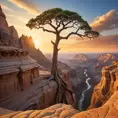 A vast, otherworldly canyon carved by time, with towering sandstone formations reaching towards a vibrant, sunset sky. A lone, weathered tree clings to the edge, its roots grasping the ancient rock.