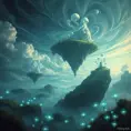 A surreal, otherworldly landscape, with floating islands suspended in a sky filled with swirling clouds. Strange, bioluminescent plants illuminate the scene with an ethereal glow.