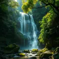 A cascading waterfall surrounded by lush, emerald-green rainforest, with sunlight filtering through the dense canopy, casting dappled shadows on the moss-covered rocks below.