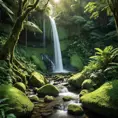 A cascading waterfall surrounded by lush, emerald-green rainforest, with sunlight filtering through the dense canopy, casting dappled shadows on the moss-covered rocks below.