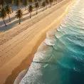 A tranquil beach at sunset, with golden sand meeting the turquoise ocean. Palm trees sway gently in the warm breeze, casting long shadows across the shore.