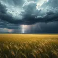 A vast, open prairie under a dramatic thunderstorm, with lightning bolts illuminating the dark clouds and the tall grass swaying in the strong winds.