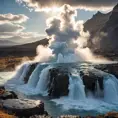 A bubbling geyser erupting in a dramatic display of steam and water, set against a backdrop of a rugged, volcanic landscape.
