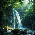 A cascading waterfall surrounded by lush, emerald-green rainforest, with sunlight filtering through the dense canopy, casting dappled shadows on the moss-covered rocks below.
