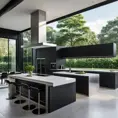 A futuristic kitchen with sleek, black cabinetry, stainless steel appliances, and a large island featuring a built-in induction cooktop and a breakfast bar with high-backed stools. A wall of windows overlooks a verdant garden.