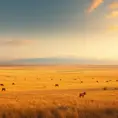 A panoramic view of a vast, golden savannah at dawn, with herds of wildlife grazing and a distant, snow-capped mountain range on the horizon.