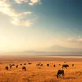 A panoramic view of a vast, golden savannah at dawn, with herds of wildlife grazing and a distant, snow-capped mountain range on the horizon.