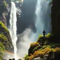 A majestic waterfall cascading down a sheer cliff face, sunlight illuminating the mist, creating a rainbow. Lush ferns and moss adorn the rocks, with a lone hiker silhouetted against the spray.